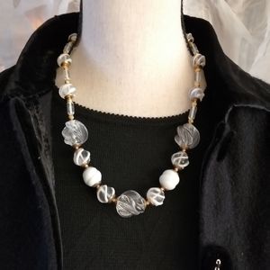 Vintage Art Glass Beaded White Swirl Necklace Gold Tone Spacers Rare